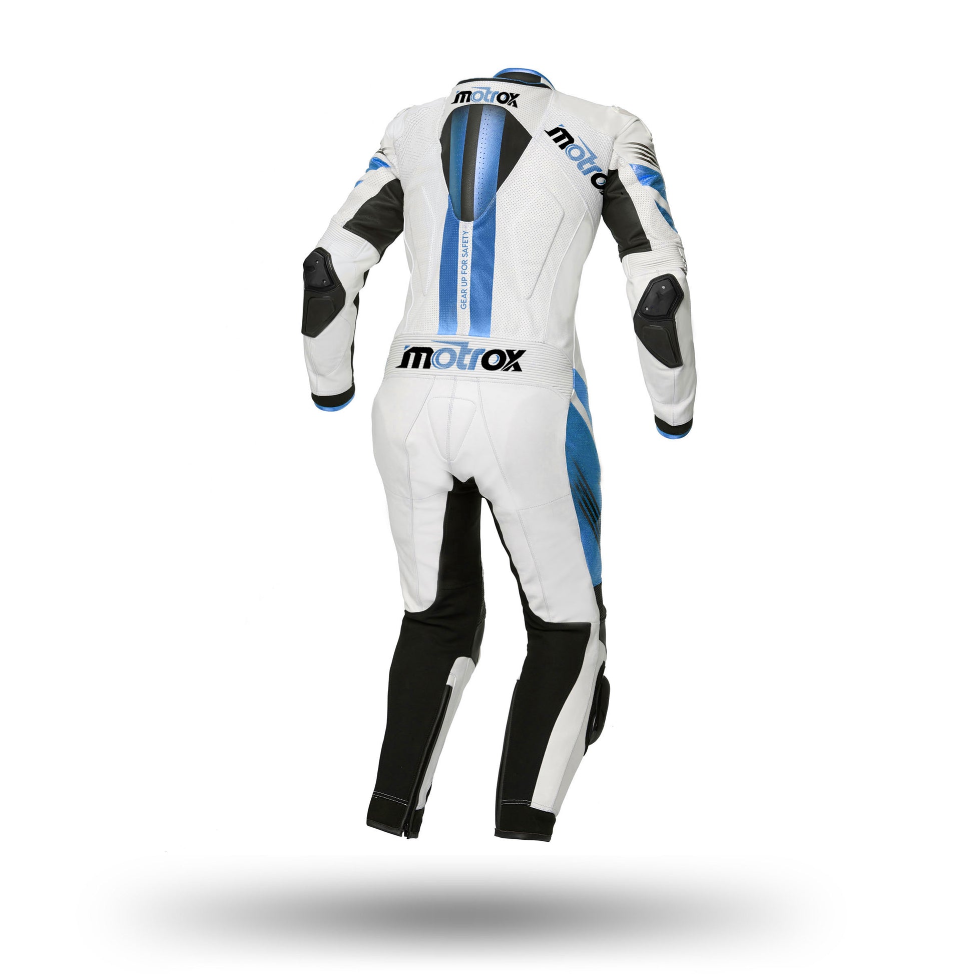 Backside of Motrox leather race-suit-blue-white