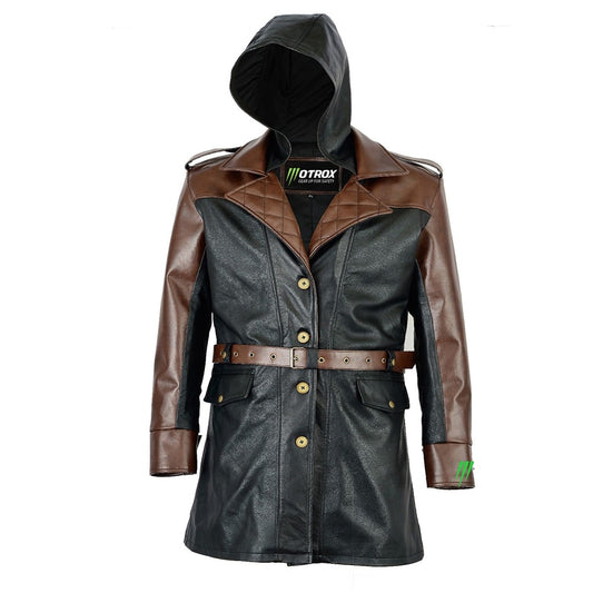  Brown Genuine Leather Men's Trench Long Coat with belt and hood