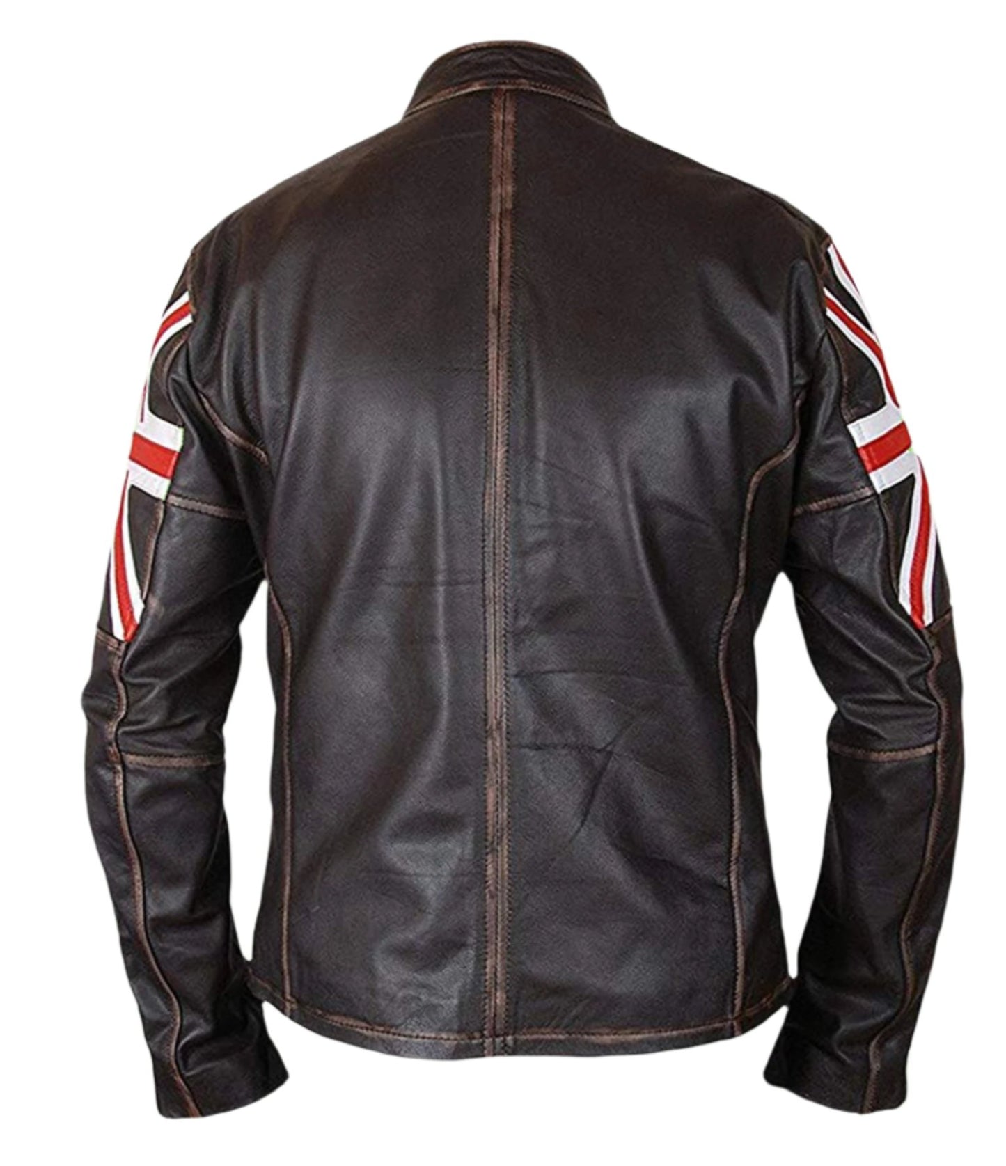 Backside of Men's Biker Union Jack Brown Leather Jacket