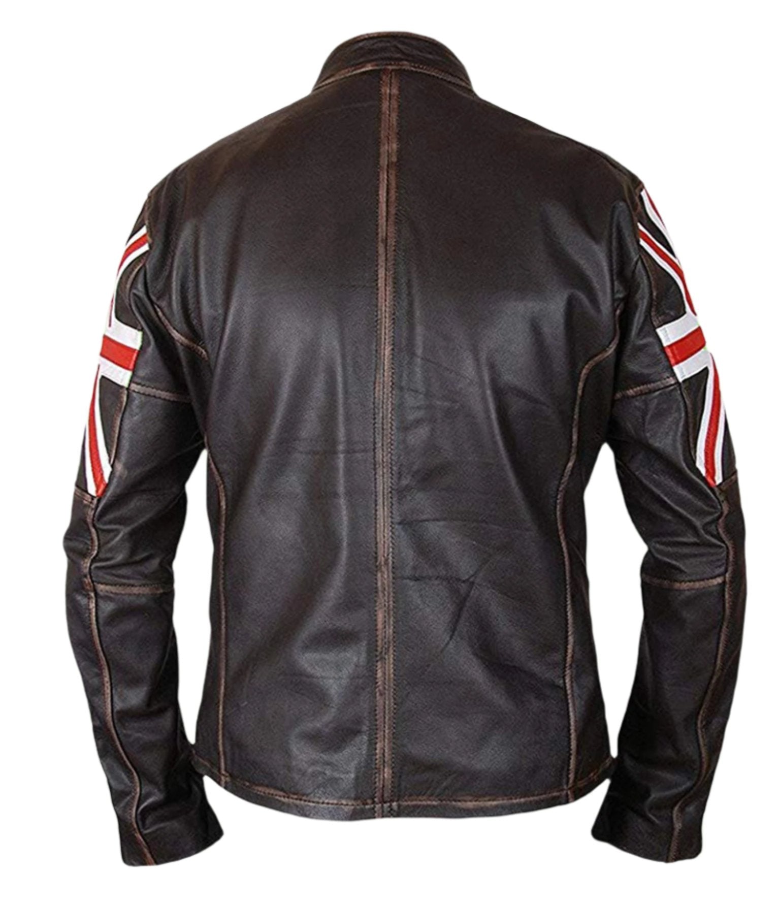 Backside of Men's Biker Union Jack Brown Leather Jacket