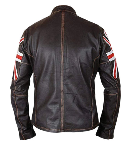 Backside of Men's Biker Union Jack Brown Leather Jacket