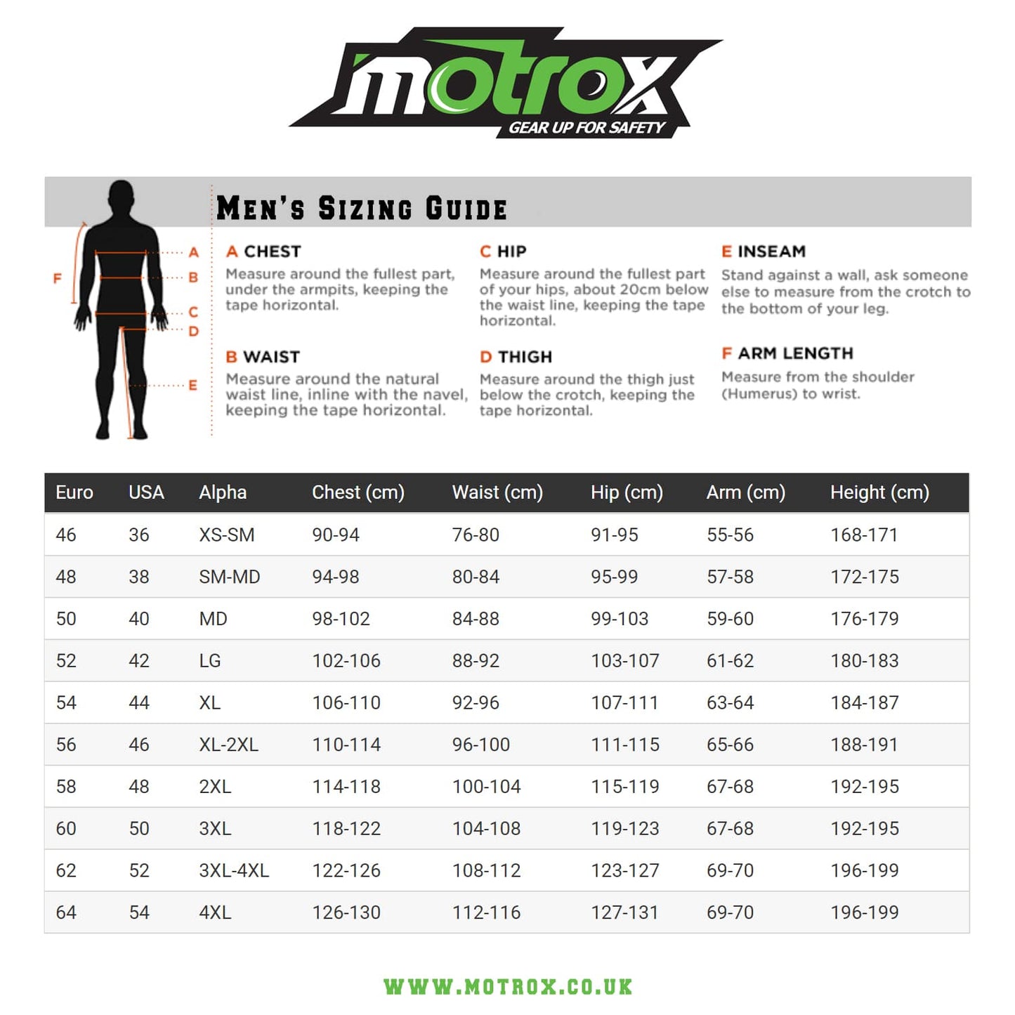 motrox men textile jacket size guide