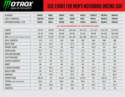 Motrox men motorcycle suit size chart