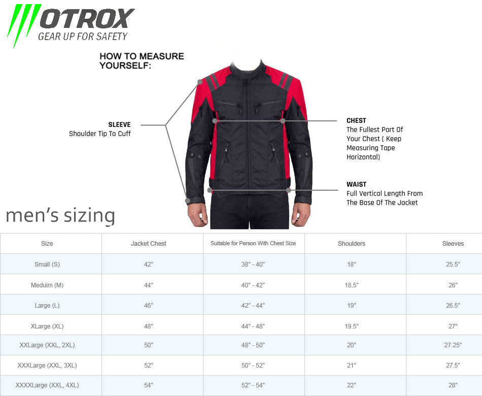 textile jacket size chart